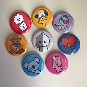 BT21 1.25” Pin Back Button - Cooky, Shooky, Chimmy, Tata, Mang, RJ, Koya, and Van - BTS