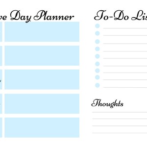 Könnte beinhalten: Ein druckbarer Fünf-Tage-Planer mit hellblauem Hintergrund und einer To-Do-Liste sowie einem Abschnitt für Gedanken. Der Planer enthält Platz für Montag bis Freitag.