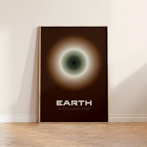 Könnte beinhalten: Ein gerahmtes Poster mit braunem Hintergrund und einem konzentrischen Kreisdesign in Braun-, Grün- und Weißtönen. Das Wort "EARTH" ist unten auf dem Poster in Weiß gedruckt, zusammen mit dem Text "The fragmental paternal, corresponding part of the surface of the globe."