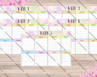 Week 1 to 5 Printable calander, Monthly planner, Download Planner&#39;s, Weekly planner
