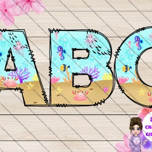Letras de doodle sob o mar, clipart do alfabeto, clipart de sublimação, alfabeto de sublimação