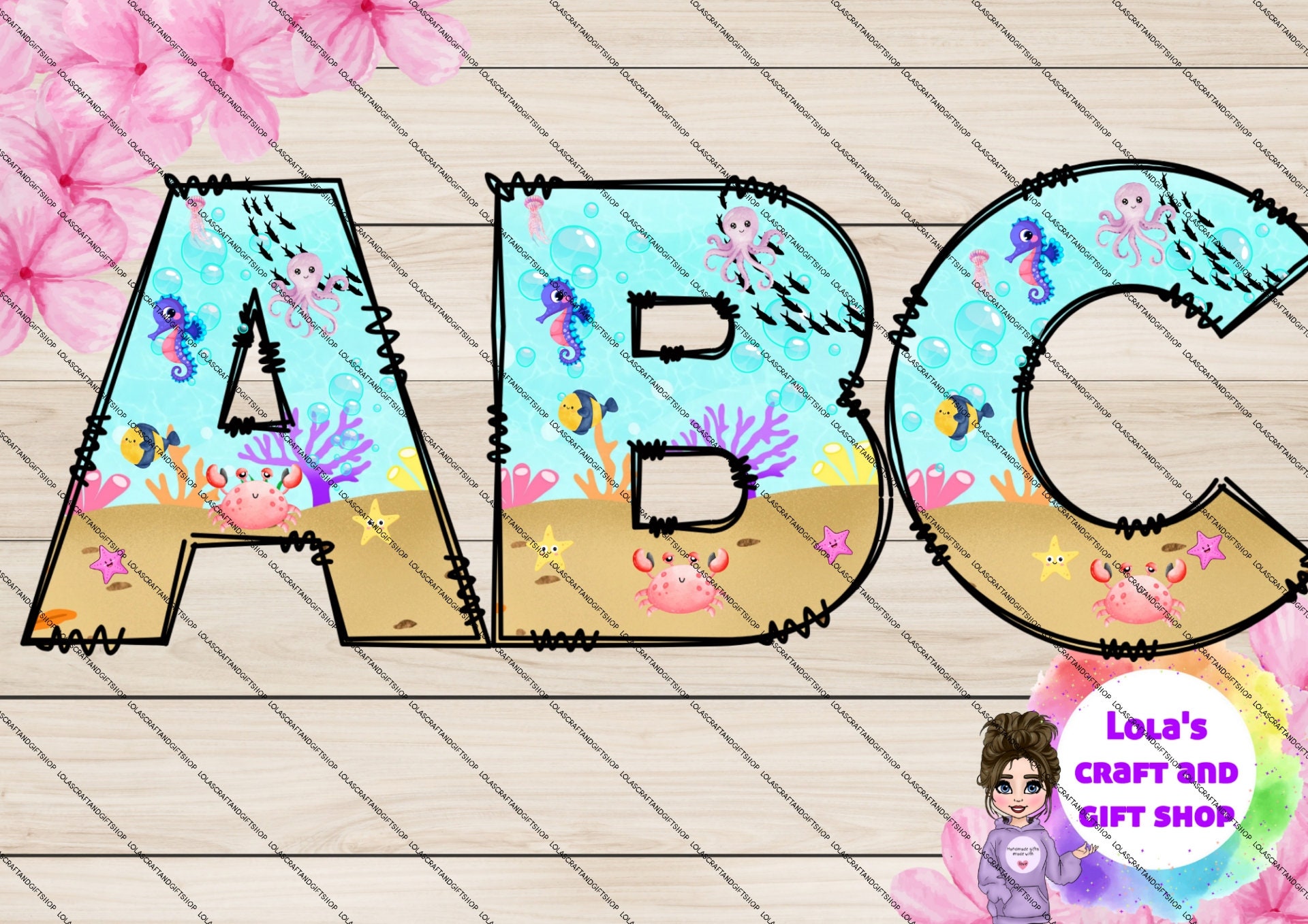 Under the sea doodle letters, Alphabet clip art, sublimation clip art, sublimation Alphabet