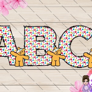 Letras del alfabeto con garabatos de oso manchado, clip art de sublimación, alfabeto de sublimación