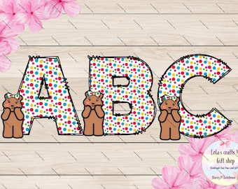 Spotty bear, blush bear ABC doodle letter Alphabet clip art, sublimation clip art, sublimation Alphabet