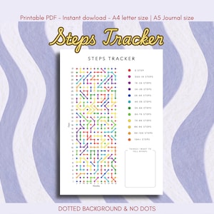 May include: A printable PDF steps tracker with a colorful, abstract design. The tracker features a grid with a colorful path, a legend for step goals, and space for notes. The text "Steps Tracker" is in a decorative font.