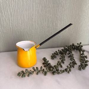 May include: A small, yellow enamel coffee pot with a black handle and white interior. The pot is next to a trailing green plant. The background is a textured, light gray wall.