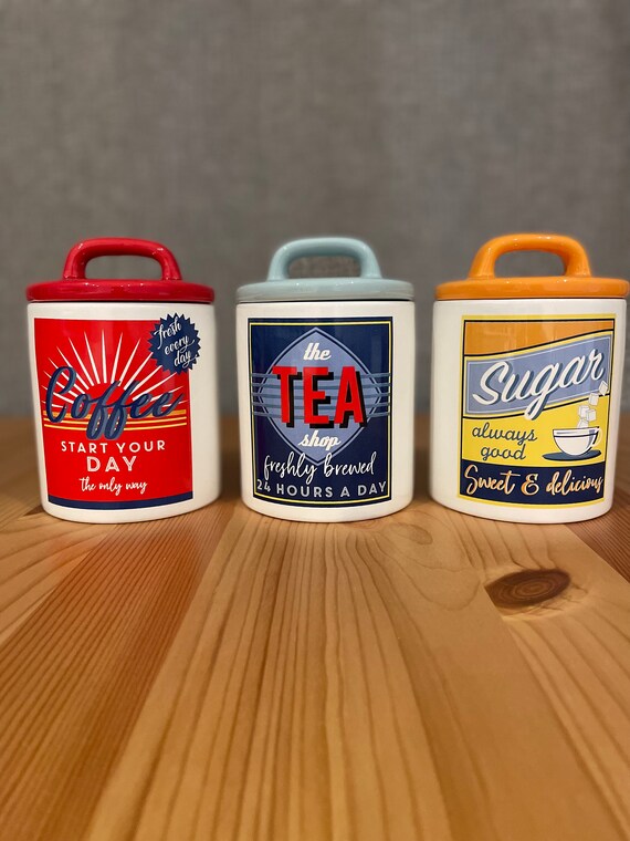 Set Of 3 Tea Coffee Sugar Ceramic | Retro Storage Jars | Retro Canister Set