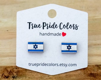 Israeli Flag Wood Stud Earrings, Flag Of Israel Earrings, Israel Flag Jewelry, Jewish Jewelry, Jewish Gifts, Flag Earrings, Star Of David