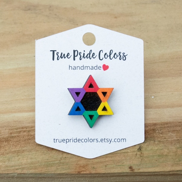 Rainbow Pride Star Of David Wood Pin, Jewish Star Pin, Hanukkah Gifts, Chanukah Jewelry, Queer Jewish, Rainbow Jewish Star