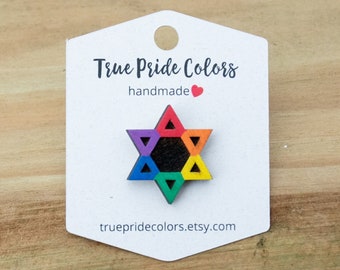 Rainbow Pride Star Of David Wood Pin, Jewish Star Pin, Hanukkah Gifts, Chanukah Jewelry, Queer Jewish, Rainbow Jewish Star