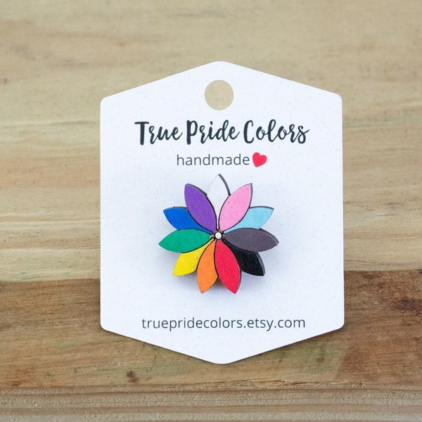 Progress Pride Flower Pin, Minimalist Pride Accessory, Pride Flag Pins, Queer, Inclusive, Trans, LGBTQIA, Nonbinary, Bisexual