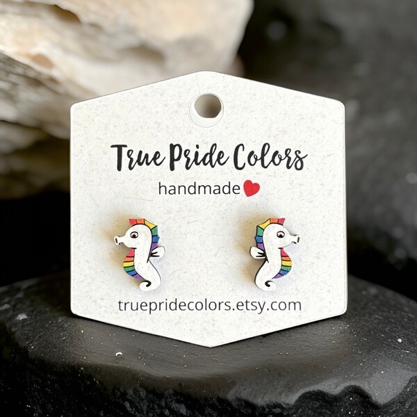 Rainbow Seahorse Wood Stud Earrings, Handmade Ocean Creatures LGBTQ Stud Earrings, Rainbow Pride Flag Sea Horse Jewelry, Gay Pride Studs