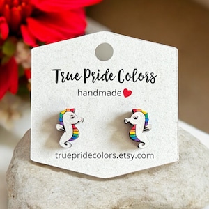 Rainbow Pride Seahorse Wood Stud Earrings, Ocean Creatures LGBTQ Stud Earrings, Rainbow Pride Flag Sea Horse Jewelry, Handmade Queer Jewelry