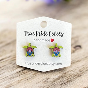 Bi Pride Sea Turtle Wood Stud Earrings: LGBTQ Pride Jewelry