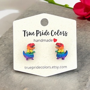 Pride Dinosaur Wood Stud Earrings, Rainbow T-Rex Pride Flag Stud Earrings, Pride Jewelry, Gay Pride Earrings, Pride Month Gifts