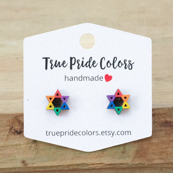 Rainbow Pride Jewish Star Wood Stud Earrings, Hanukkah Earrings, Holiday Earrings, Jewish Jewelry, Jewish Gifts, Bar/Bat Mitzvah Gifts