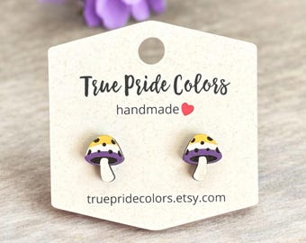 Nonbinary Pride Mushroom Wood Stud Earrings, Nonbinary Flag Earrings, Enby Earrings, Pride Earrings Stud, Pride Gifts, LGBTQIA