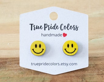 Smiley Face Wood Stud Earrings, Happy Face Earrings, Smiley Gifts, Sensitive Ear Earrings, Hypoallergenic, Post Earrings Studs