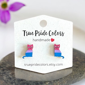 Bi Pride Cat Wood Earrings Studs, LGBTQ Kitty Cat Jewelry, Cat Lovers Gift, Hypoallergenic Earrings, Queer Cat Lover Gift, Bi Pride Gifts