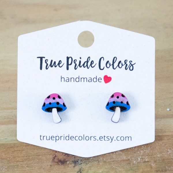 Bi Pride Mushroom Stud Earrings, Bi Pride Jewelry, Bi Earrings, LGBTQ Earrings, Pride flag earrings, Pride Jewelry