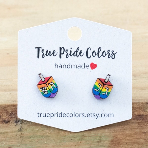 Rainbow Pride Dreidel Wood Stud Earrings, Hanukkah Earrings, Holiday Earrings, Jewish Jewelry, Jewish Gifts