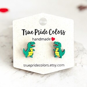 Dinosaur T-Rex Wood Stud Earrings, Dino Stud Earrings, Fun Quirky Earrings, Green Dinosaur, Prehistoric Animal Jewelry