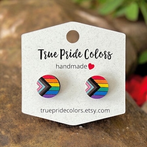 Progress Pride Flag Wood Stud Earrings, Hypoallergenic Surgical Stainless Steel, Progress Flag, LGBTQIA, Inclusive Pride Flag Jewelry