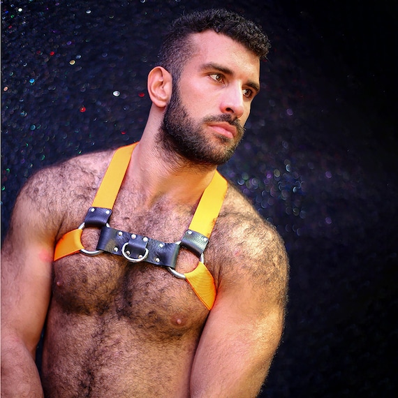 Premium leather and elastic adjustable straps Men's chest harness Yellow Unicorn Harness