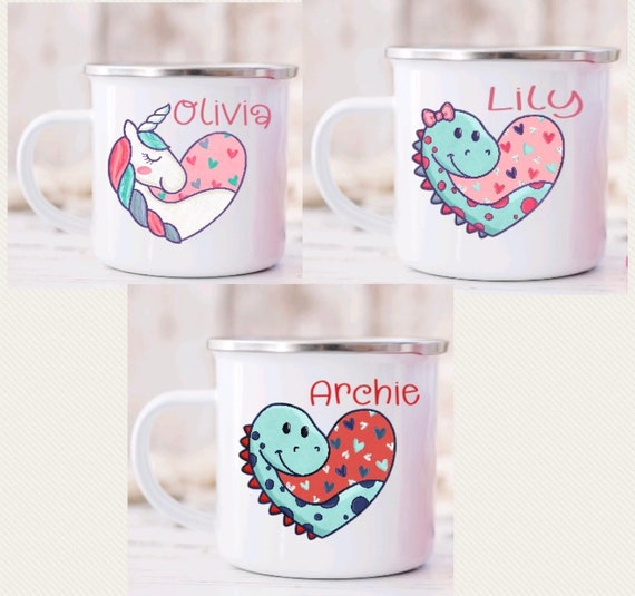 Personalised kids enamel valentines mug. Dinosaur. Unicorn. Hearts. Kids valentines gift. Childrens gift idea