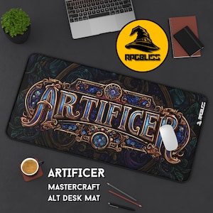 May include: A rectangular desk mat with the word "ARTIFICER" in gold and blue lettering. The mat has a detailed, ornate design with a dark background. A computer mouse rests on the mat, and the text "MASTER CRAFT ALT DESK MAT" is visible.