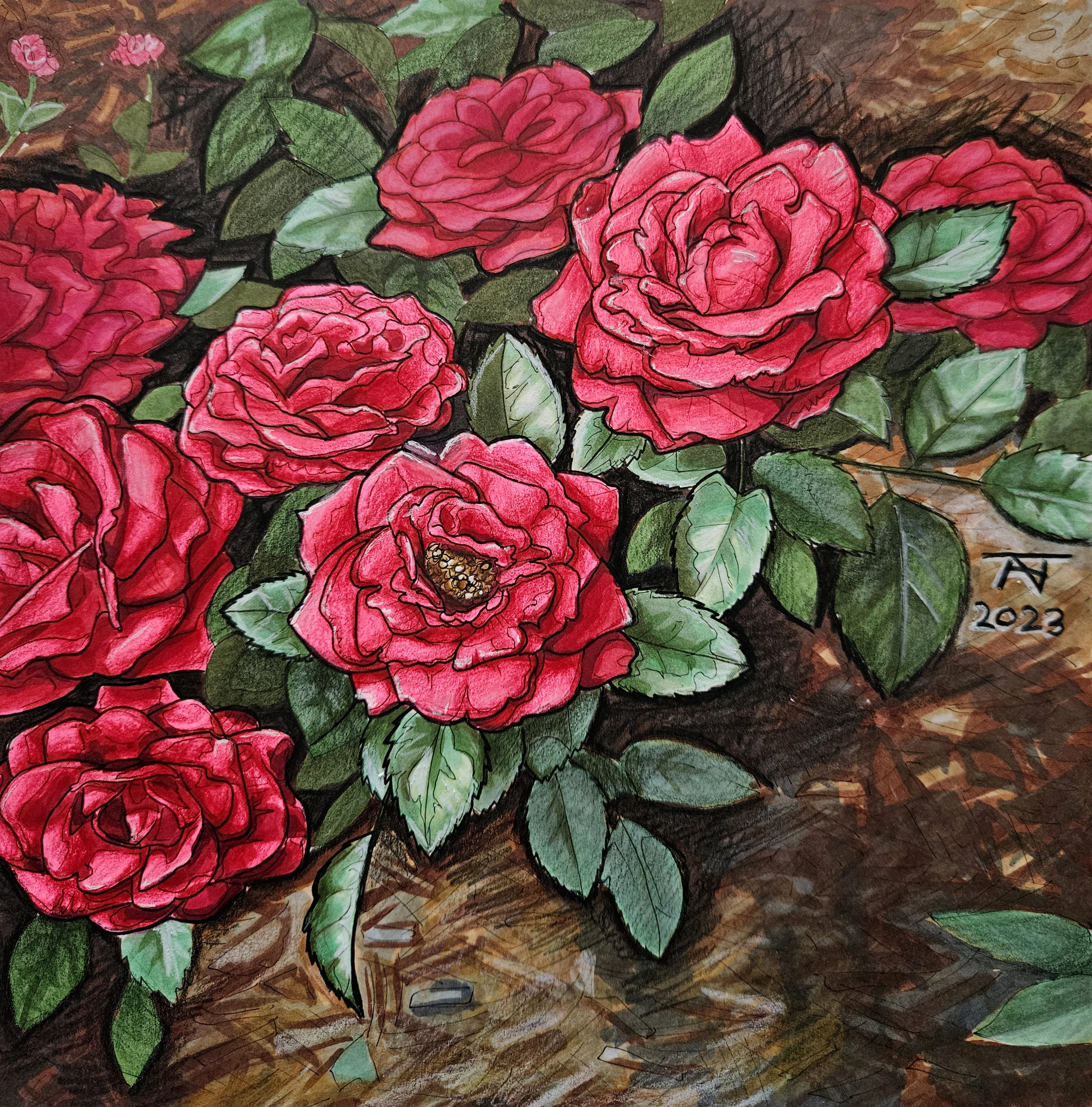 Marker Artist Roses 9x9 Red Roses Original Drawing // Realistic Marker, Pen, and Pencil ...