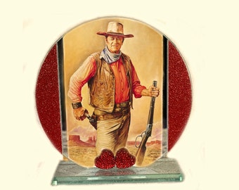 John Wayne, Western Movies, Cut Glass Round Plaque Memorabilia Limited Edition