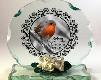 Robins Appear when loved ones are near, Cut Glass Round Plaque, Cellini Plaques