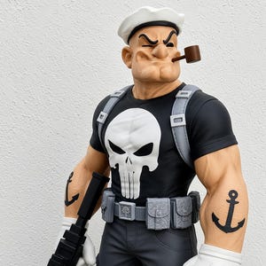 Könnte beinhalten: Eine stilisierte Figur eines Seemanns, die ein schwarzes T-Shirt mit weißem Totenkopf-Motiv, eine graue taktische Hose, einen Gürtel mit Taschen und braune Stiefel trägt. Die Figur hat Anker-Tattoos auf beiden Unterarmen und eine braune Pfeife.