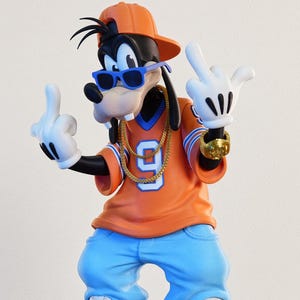 Peut inclure: Une figurine de chien de dessin animé portant une casquette orange, des lunettes de soleil bleues, un maillot orange avec le numéro 9, deux chaînes dorées, une bague dorée, un pantalon large bleu clair et des baskets blanches, faisant un doigt d'honneur.
