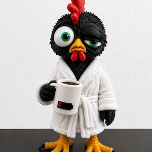 Könnte beinhalten: Eine stilisierte schwarze Hühnerfigur mit rotem Kamm und Kehllappen, die einen weißen Bademantel trägt. Das Huhn hat ein weit geöffnetes grünes Auge und ein zugekniffenes Auge und hält eine weiße Tasse mit einem schwarz-roten Akku-Symbol.