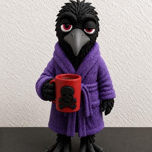 Könnte beinhalten: Eine schwarze Rabenfigur mit roten Augen, die einen violetten, strukturierten Bademantel trägt. Der Rabe hält eine rote Tasse mit einem schwarzen Totenkopf- und Knochenemblem auf der Vorderseite. Die Figur hat detaillierte schwarze Federn.