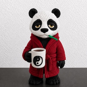 Könnte beinhalten: Eine Panda-Figur in einem strukturierten roten Bademantel, die eine weiße Tasse mit einem schwarzen Yin-Yang-Symbol hält. Der Panda hat schwarz-weißes Fell, gelbe Augen und einen grünen Stab im Mund. Die Figur steht aufrecht da.
