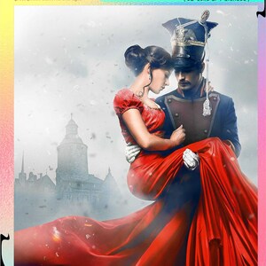 May include: Cross stitch pattern of a couple in a romantic embrace. The woman is wearing a red dress and the man is in a military uniform. The background is a blurry image of a castle. The pattern uses 59 DMC colors, including 52 solid and 7 blended colors. The pattern is 300 stitches wide by 300 stitches high. The pattern can be stitched on 14 count Aida cloth, 16 count Aida cloth, or 18 count Aida cloth.