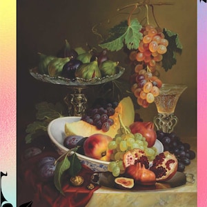 Still life with Grapes and Figs basket  Fruits Summer Bouquet Garden Roses Flowers - Chart Counted Cross Stitch Pattern Needlework craft PDF
