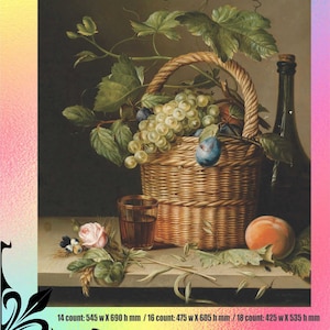 Still life with grapes in a basket  Fruits Summer Bouquet Garden Roses Flowers  - Chart Counted Cross Stitch Pattern Needlework craft PDF