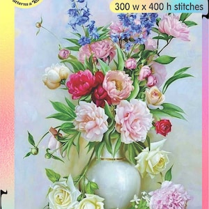 Garden Bouquet Lilies & Butterfly Roses Flowers Hydrangea still life with Summer - Chart Counted Cross Stitch Pattern Needlework craft PDF