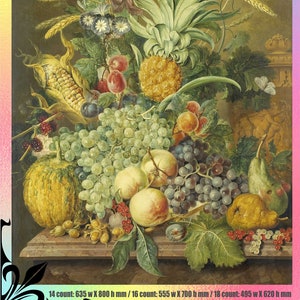 Variation on Flowers Garden Bouquet Roses Fruits still life with Summer - Chart Counted Cross Stitch Pattern Needlework craft PDF