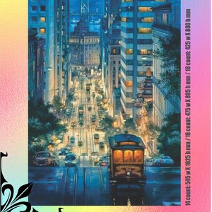 May include: A cross-stitch pattern of a nighttime cityscape with a cable car in the foreground. The pattern is 300 stitches wide by 565 stitches high and uses 60 DMC colors, including 49 solid and 11 blended colors. The pattern is designed for 14 count, 16 count, and 18 count Aida cloth.