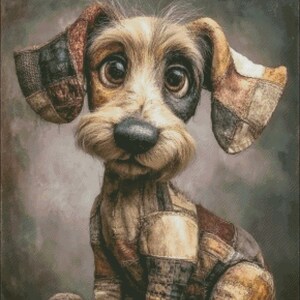 May include: A whimsical, seated dog sculpture with large, expressive eyes. The dog's fur is a mix of brown, tan, and white, with patchwork detailing on the ears and legs. The overall aesthetic is soft and inviting, with a touch of rustic charm.