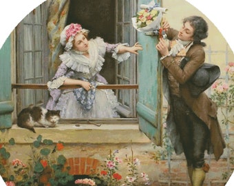 May include: A painting of a couple in a romantic scene. A man is standing outside a window holding a bouquet of flowers, while a woman leans out the window to receive them. A cat sits on the windowsill.