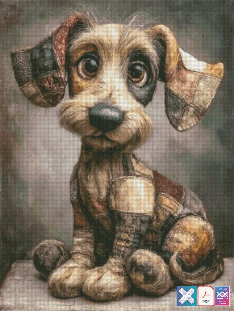 May include: A whimsical, seated dog sculpture with large, expressive eyes. The dog's fur is a mix of brown, tan, and white, with patchwork detailing on the ears and legs. The overall aesthetic is soft and inviting, with a touch of rustic charm.