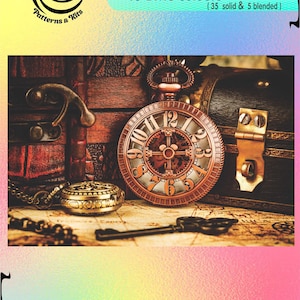 May include: A close-up of a vintage pocket watch with a copper-colored face and Roman numeral markings. The watch is resting on a wooden chest and a map with a key. The image includes the text "Black Swan Patterns & Kits", "280 w x 350 h stitches", "40 DMC colours (35 solid & 5 blended)", and "14 count: 635 w X 415 h mm / 16 count: 555 w X 365 h mm / 18 count: 495 w X 325 h mm".