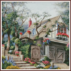 May include: A detailed painting of a cottage with a stone staircase and lush greenery. The cottage features a brown roof, white walls, and red flower boxes. A red chimney and a blue door add pops of color to the scene.