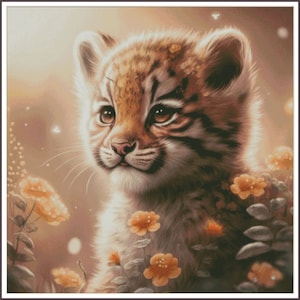Baby Tiger mit Blumenkrone Ocelot Bauernhoffreunde Hühner Im Rosengarten - Kreuzstichvorlage Stickmuster PDF basteln